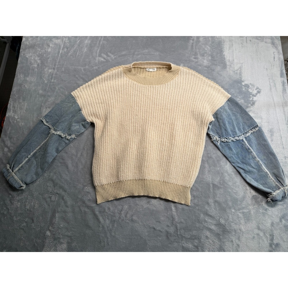 Blu Pepper Sweater Womens Small Beige Blue Ribbed Knit Raw Edge B4FT1021
